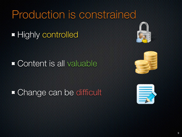 Production is constrained
Highly controlled
Content is all valuable
Change can be difﬁcult
9
