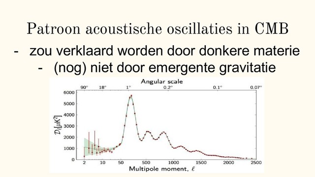 Patroon acoustische oscillaties in CMB
- zou verklaard worden door donkere materie
- (nog) niet door emergente gravitatie
