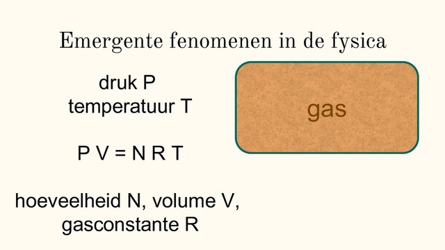 Emergente fenomenen in de fysica
P V = N R T
hoeveelheid N, volume V,
gasconstante R
druk P
temperatuur T gas
