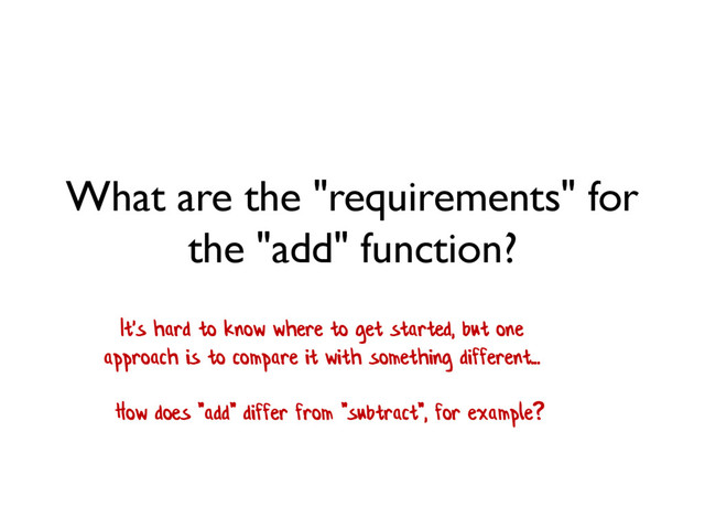 What are the "requirements" for
the "add" function?
It's hard to know where to get started, but one
approach is to compare it with something different...
How does "add" differ from "subtract", for example?
