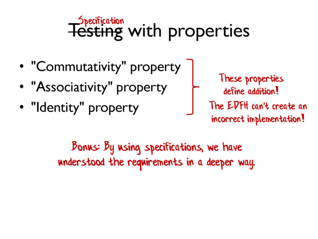 Testing with properties
• "Commutativity" property
• "Associativity" property
• "Identity" property
These properties
define addition!
The EDFH can't create an
incorrect implementation!
Bonus: By using specifications, we have
understood the requirements in a deeper way.
Specification
