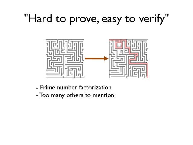 "Hard to prove, easy to verify"
- Prime number factorization
- Too many others to mention!

