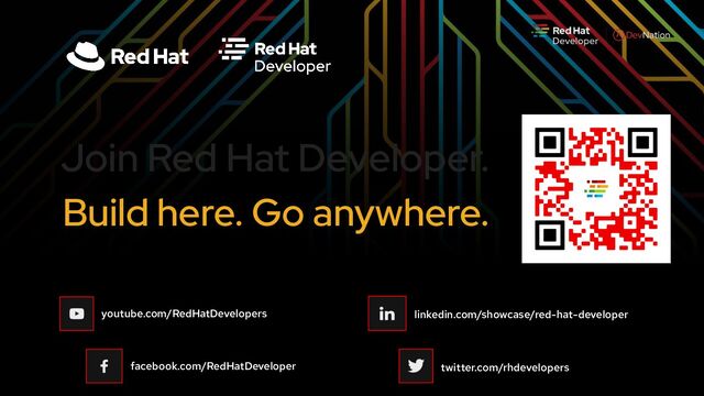 dn.dev/learn
Join Red Hat Developer.
Build here. Go anywhere.
facebook.com/RedHatDeveloper
youtube.com/RedHatDevelopers
twitter.com/rhdevelopers
linkedin.com/showcase/red-hat-developer
