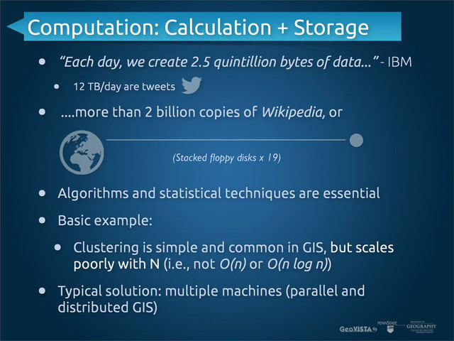 Computation: Calculation + Storage
• “Each day, we create 2.5 quintillion bytes of data...” - IBM
• 12 TB/day are tweets
• ....more than 2 billion copies of Wikipedia, or
• Algorithms and statistical techniques are essential
• Basic example:
• Clustering is simple and common in GIS, but scales
poorly with N (i.e., not O(n) or O(n log n))
• Typical solution: multiple machines (parallel and
distributed GIS)
(Stacked ﬂoppy disks x 19)
