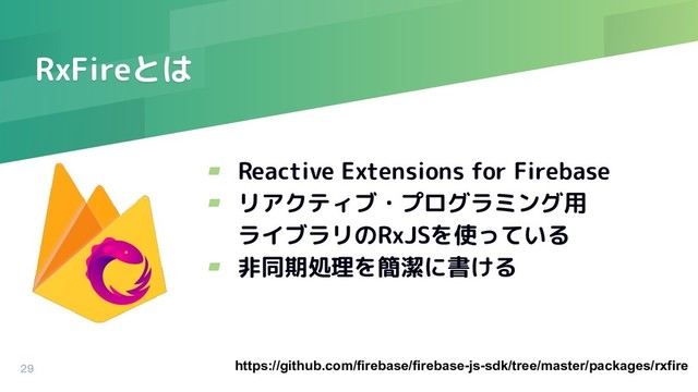 RxFireとは
▰ Reactive Extensions for Firebase
▰ リアクティブ・プログラミング用
ライブラリのRxJSを使っている
▰ 非同期処理を簡潔に書ける
29 https://github.com/firebase/firebase-js-sdk/tree/master/packages/rxfire
