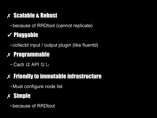 ✗ Scalable & Robust
- because of RRDtool (cannot replicate)
✓ Pluggable
- collectd input / output plugin (like ﬂuentd)
✗ Programmable
- Cacti ͸ API ͳ͠
✗ Friendly to immutable infrastructure
- Must conﬁgure node list
✗ Simple
- because of RRDtool
