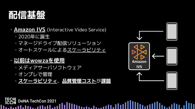 配信基盤
・Amazon IVS (Interactive Video Service)
　・2020年に誕生
　・マネージドライブ配信ソリューション
　・オートスケールによるスケーラビリティ
・以前はwowzaを使用
　・メディアサーバソフトウェア
　・オンプレで管理
　・スケーラビリティ、品質管理コストが課題
