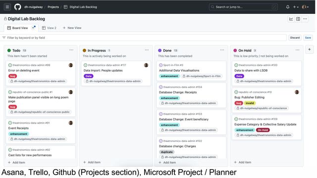 Asana, Trello, Github (Projects section), Microsoft Project / Planner
