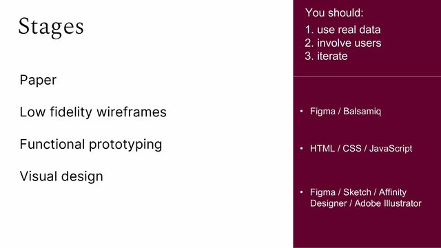 Stages
Paper
Low fidelity wireframes
Functional prototyping
Visual design
• HTML / CSS / JavaScript
• Figma / Balsamiq
• Figma / Sketch / Affinity
Designer / Adobe Illustrator
1. use real data
2. involve users
3. iterate
You should:
