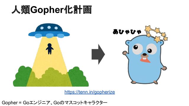 人類Gopher化計画
Gopher = Goエンジニア、Goのマスコットキャラクター
https://tenn.in/gopherize
