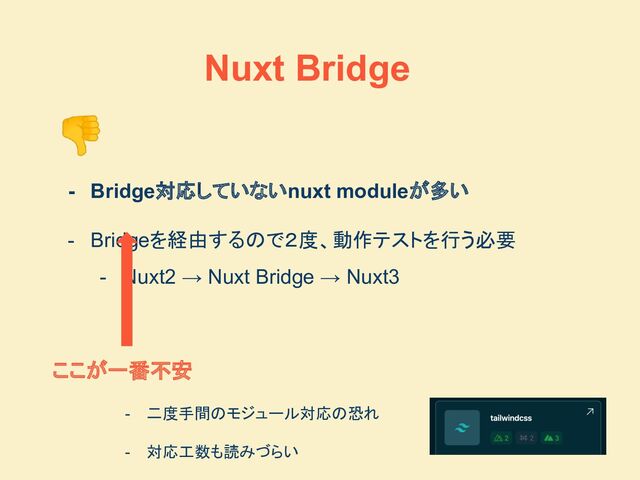 ここが一番不安
- 二度手間のモジュール対応の恐れ
- 対応工数も読みづらい
Nuxt Bridge
👎
- Bridge対応していないnuxt moduleが多い
- Bridgeを経由するので２度、動作テストを行う必要
- Nuxt2 → Nuxt Bridge → Nuxt3
