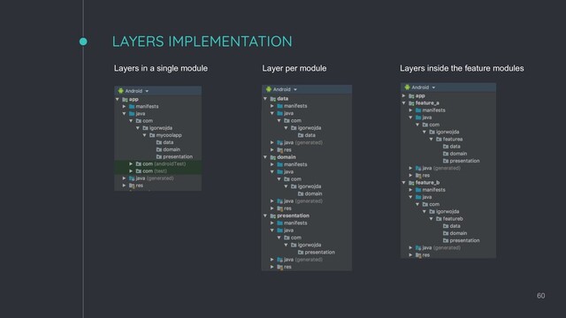 LAYERS IMPLEMENTATION
60
Layers in a single module Layers inside the feature modules
Layer per module
