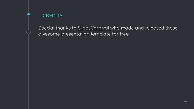 68
Special thanks to SlidesCarnival who made and released these
awesome presentation template for free.
CREDITS
