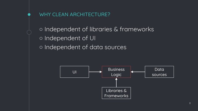 WHY CLEAN ARCHITECTURE?
◦ Independent of libraries & frameworks
◦ Independent of UI
◦ Independent of data sources
8
Business
Logic
UI
Libraries &
Frameworks
Data
sources
