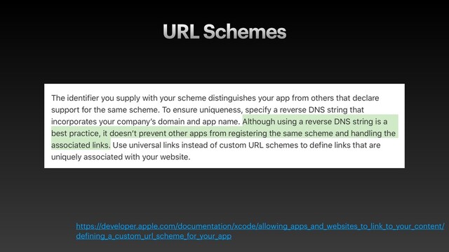 URL Schemes
https://developer.apple.com/documentation/xcode/allowing_apps_and_websites_to_link_to_your_content/
defining_a_custom_url_scheme_for_your_app
