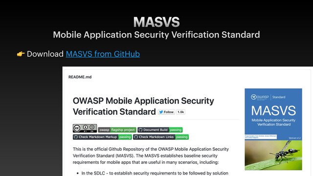 MASVS
Mobile Application Security Verification Standard
 Download MASVS from GitHub

