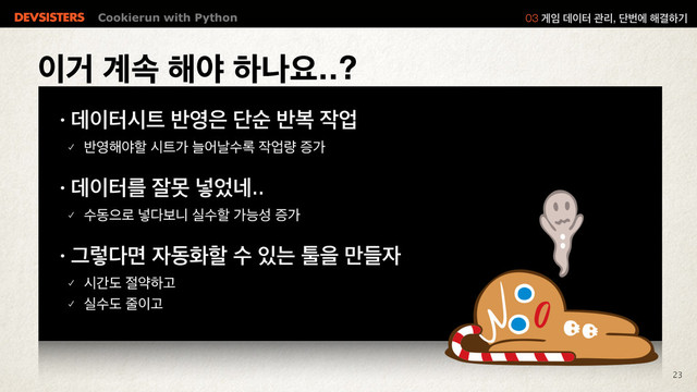 Cookierun with Python
23
੉Ѣ҅ࣘ೧ঠೞաਃ
↟ؘ੉ఠद౟߈৔਷ױࣽ߈ࠂ੘স
䡬 ߈৔೧ঠೡद౟оטযզࣻ۾੘স۝ૐо
!
↟ؘ੉ఠܳੜޅ֍঻֎
䡬 ࣻزਵ۽֍׮ࠁפपࣻೡоמࢿૐо
!
↟Ӓۧ׮ݶ੗زചೡࣻ੓חోਸٜ݅੗
䡬 दрب੺ডೞҊ
䡬 पࣻب઴੉Ҋ
ѱ੐ؘ੉ఠҙܻױߣী೧Ѿೞӝ
