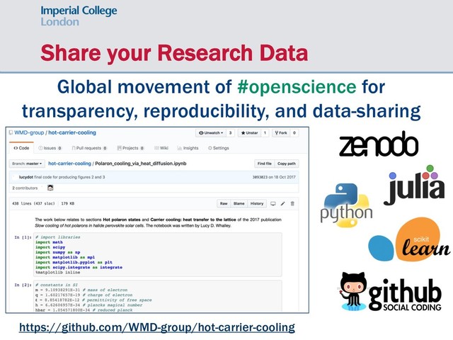 Share your Research Data
https://github.com/WMD-group/hot-carrier-cooling
Global movement of #openscience for
transparency, reproducibility, and data-sharing
