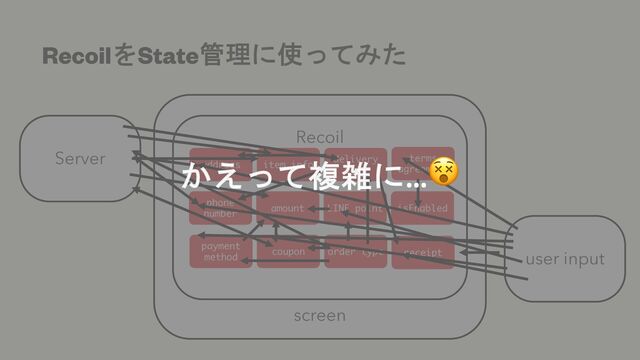 screen
RecoilをState管理に使ってみた
Recoil
Server
user input
item info
amount
coupon
delivery
type
LINE point
order type
terms
agreement
isEnabled
receipt
address
phone
number
payment
method
かえって複雑に…😵
