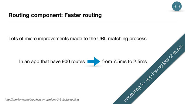 Routing component: Faster routing
Lots of micro improvements made to the URL matching process

In an app that have 900 routes from 7.5ms to 2.5ms
Interesting
for app
having
lots
of routes
http://symfony.com/blog/new-in-symfony-3-3-faster-routing
3.3
