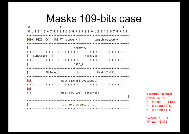 Masks 109-bits case
0 1 2 3
0 1 2 3 4 5 6 7 8 9 0 1 2 3 4 5 6 7 8 9 0 1 2 3 4 5 6 7 8 9 0 1
+-+-+-+-+-+-+-+-+-+-+-+-+-+-+-+-+-+-+-+-+-+-+-+-+-+-+-+-+-+-+-+-+
|0|0| P|X| CC |M| PT recovery | length recovery |
+-+-+-+-+-+-+-+-+-+-+-+-+-+-+-+-+-+-+-+-+-+-+-+-+-+-+-+-+-+-+-+-+
| TS recovery |
+-+-+-+-+-+-+-+-+-+-+-+-+-+-+-+-+-+-+-+-+-+-+-+-+-+-+-+-+-+-+-+-+
| SSRCCount | reserved |
+-+-+-+-+-+-+-+-+-+-+-+-+-+-+-+-+-+-+-+-+-+-+-+-+-+-+-+-+-+-+-+-+
| SSRC_i |
+-+-+-+-+-+-+-+-+-+-+-+-+-+-+-+-+-+-+-+-+-+-+-+-+-+-+-+-+-+-+-+-+
| SN base_i |k| Mask [0-14] |
+-+-+-+-+-+-+-+-+-+-+-+-+-+-+-+-+-+-+-+-+-+-+-+-+-+-+-+-+-+-+-+-+
|k| Mask [15-45] (optional) |
+-+-+-+-+-+-+-+-+-+-+-+-+-+-+-+-+-+-+-+-+-+-+-+-+-+-+-+-+-+-+-+-+
|k| |
+-+ Mask [46-108] (optional) |
| |
+-+-+-+-+-+-+-+-+-+-+-+-+-+-+-+-+-+-+-+-+-+-+-+-+-+-+-+-+-+-+-+-+
| ... next in SSRC_i ... |
+-+-+-+-+-+-+-+-+-+-+-+-+-+-+-+-+-+-+-+-+-+-+-+-+-+-+-+-+-+-+-+-+
k denotes the mask
extension bits.
• the first 16-1 bits,
• the next 32-1,
• the next 64-1.
Generally, 2v - 1,
Where v=[4,7]
