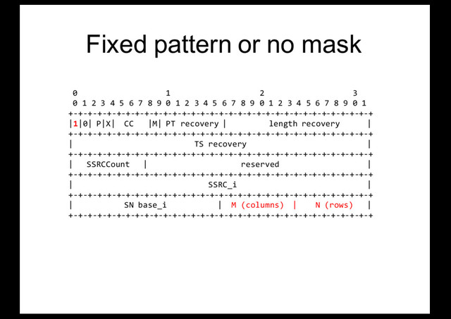 Fixed pattern or no mask
0 1 2 3
0 1 2 3 4 5 6 7 8 9 0 1 2 3 4 5 6 7 8 9 0 1 2 3 4 5 6 7 8 9 0 1
+-+-+-+-+-+-+-+-+-+-+-+-+-+-+-+-+-+-+-+-+-+-+-+-+-+-+-+-+-+-+-+-+
|1|0| P|X| CC |M| PT recovery | length recovery |
+-+-+-+-+-+-+-+-+-+-+-+-+-+-+-+-+-+-+-+-+-+-+-+-+-+-+-+-+-+-+-+-+
| TS recovery |
+-+-+-+-+-+-+-+-+-+-+-+-+-+-+-+-+-+-+-+-+-+-+-+-+-+-+-+-+-+-+-+-+
| SSRCCount | reserved |
+-+-+-+-+-+-+-+-+-+-+-+-+-+-+-+-+-+-+-+-+-+-+-+-+-+-+-+-+-+-+-+-+
| SSRC_i |
+-+-+-+-+-+-+-+-+-+-+-+-+-+-+-+-+-+-+-+-+-+-+-+-+-+-+-+-+-+-+-+-+
| SN base_i | M (columns) | N (rows) |
+-+-+-+-+-+-+-+-+-+-+-+-+-+-+-+-+-+-+-+-+-+-+-+-+-+-+-+-+-+-+-+-+
