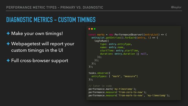 PERFORMANCE METRIC TYPES - PRIMARY VS. DIAGNOSTIC
DIAGNOSTIC METRICS - CUSTOM TIMINGS
✦ Make your own timings!
✦ Webpagetest will report your
custom timings in the UI
✦ Full cross-browser support
@ksylor
