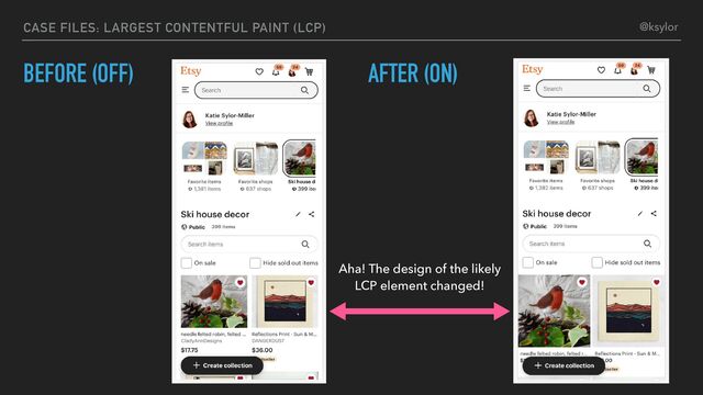 CASE FILES: LARGEST CONTENTFUL PAINT (LCP)
BEFORE (OFF) AFTER (ON)
Aha! The design of the likely
LCP element changed!
@ksylor

