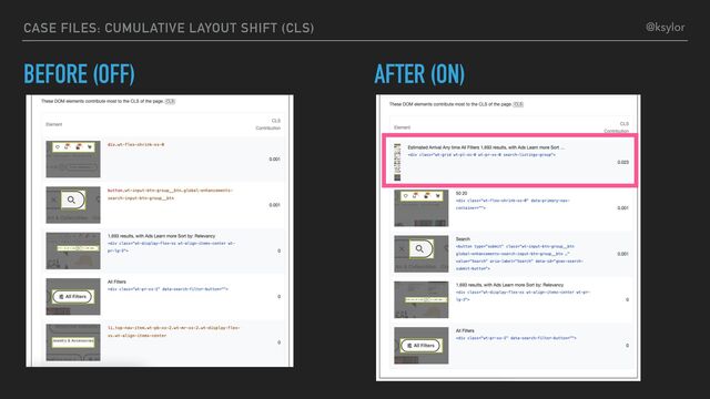 BEFORE (OFF) AFTER (ON)
CASE FILES: CUMULATIVE LAYOUT SHIFT (CLS) @ksylor
