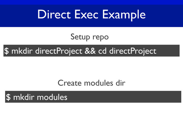 Direct Exec Example
Setup repo
$ mkdir directProject && cd directProject
Create modules dir
$ mkdir modules
