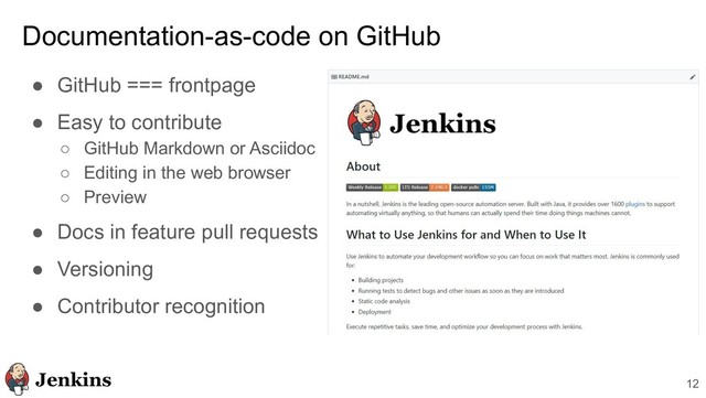 12
Documentation-as-code on GitHub
● GitHub === frontpage
● Easy to contribute
○ GitHub Markdown or Asciidoc
○ Editing in the web browser
○ Preview
● Docs in feature pull requests
● Versioning
● Contributor recognition
