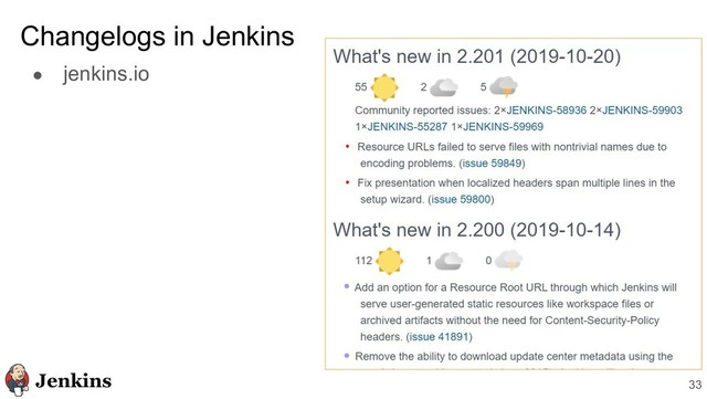 ● jenkins.io
Changelogs in Jenkins
33
