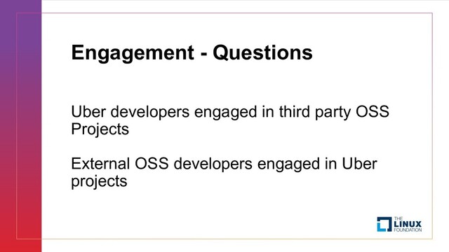 Engagement - Questions
Uber developers engaged in third party OSS
Projects
External OSS developers engaged in Uber
projects
