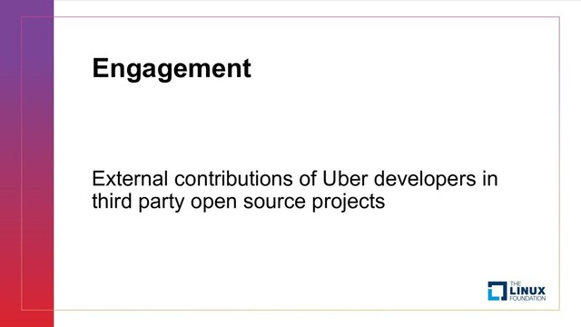 Engagement
External contributions of Uber developers in
third party open source projects
