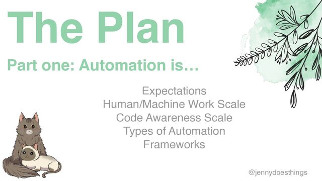 The Plan
Expectation
s

Human/Machine Work Scal
e

Code Awareness Scal
e

Types of Automatio
n

Frameworks
Part one: Automation is…
@jennydoesthings
