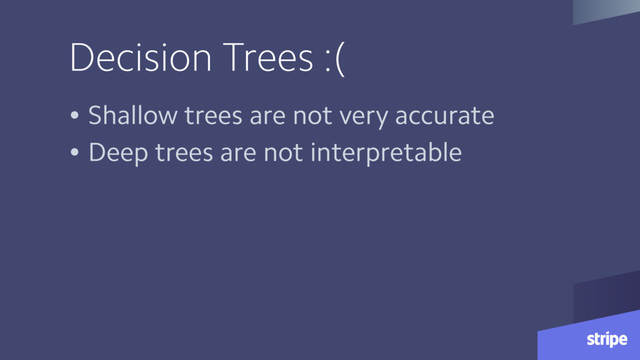 Decision Trees :(
• Shallow trees are not very accurate
• Deep trees are not interpretable
