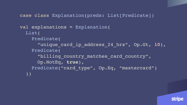 case class Explanation(preds: List[Predicate])
val explanations = Explanation(
List(
Predicate(
“unique_card_ip_address_24_hrs”, Op.Gt, 10),
Predicate(
“billing_country_matches_card_country”,
Op.NotEq, true),
Predicate(“card_type”, Op.Eq, “mastercard”)
))
