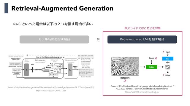 Retrieval-Augmented Generation
モデル名称を指す場合 Retrieval-based LM を指す場合
Lewis+’20 - Retrieval-Augmented Generation for Knowledge-Intensive NLP Tasks (NeurIPS)
https://arxiv.org/abs/2005.11401
Sewon+’23 – Retrieval-based Language Models and Applications /
ACL 2023 Tutorial / Section.2 Definition & Preliminaries
https://acl2023-retrieval-lm.github.io/
本スライドではこちらを対象
RAG といった場合は以下の２つを指す場合が多い
∈
