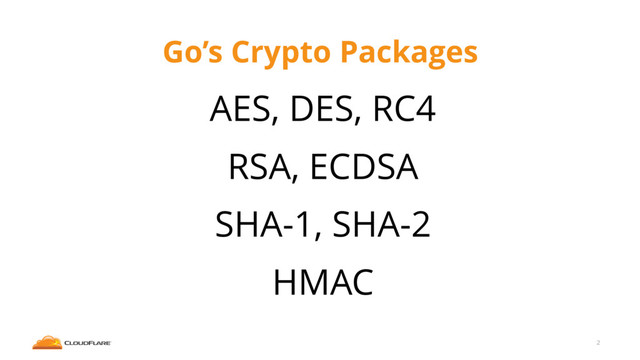 Go’s Crypto Packages
AES, DES, RC4
RSA, ECDSA
SHA-1, SHA-2
HMAC
2
