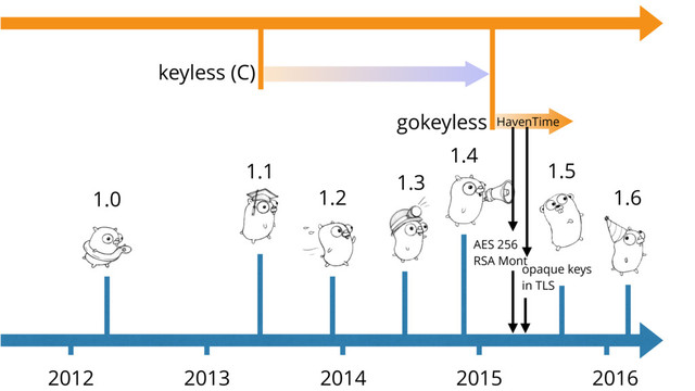 1.0
2012 2013 2014 2015
1.1
1.2
2016
1.3
1.4
1.5
gokeyless
keyless (C)
opaque keys
in TLS
HavenTime
AES 256
RSA Mont
1.6
