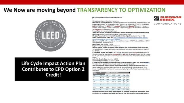 Life Cycle Impact Action Plan
Contributes to EPD Option 2
Credit!
We Now are moving beyond TRANSPARENCY TO OPTIMIZATION
