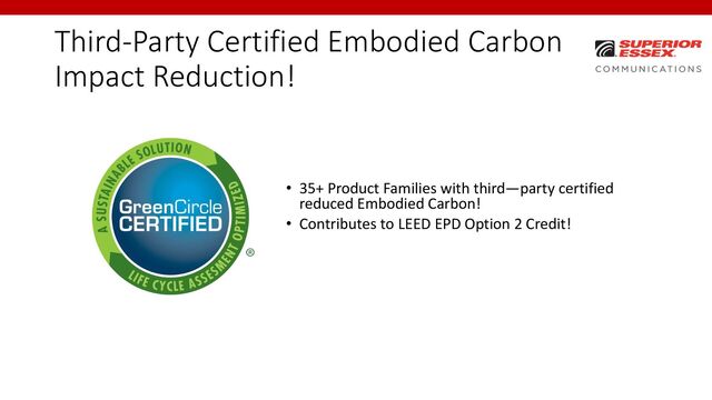 Third-Party Certified Embodied Carbon
Impact Reduction!
• 35+ Product Families with third—party certified
reduced Embodied Carbon!
• Contributes to LEED EPD Option 2 Credit!
