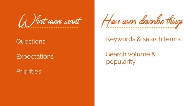 What users want
Questions
Expectations
Priorities
Keywords & search terms
Search volume &
popularity
How users describe things

