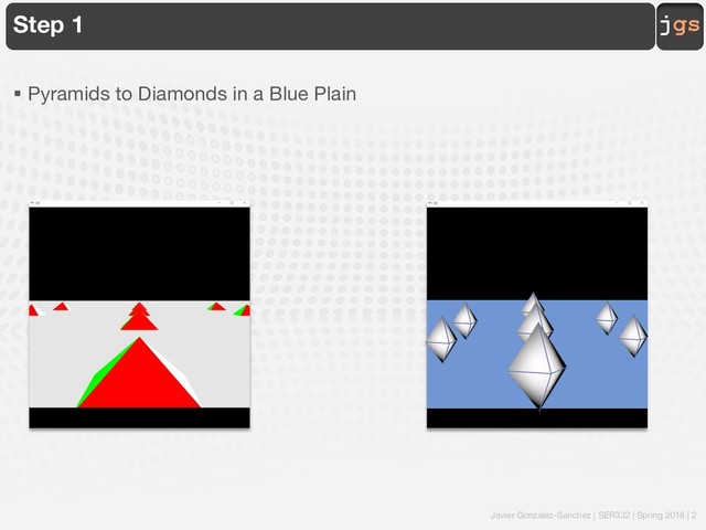 Javier Gonzalez-Sanchez | SER332 | Spring 2018 | 2
jgs
Step 1
§ Pyramids to Diamonds in a Blue Plain
