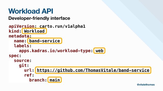 Workload API
Developer-friendly interface
@vitalethomas
apiVersion: carto.run/v1alpha1


kind: Workload


metadata:


name: band-service


labels:


apps.kadras.io/workload-type: web


spec:


source:


git:


url: https://github.com/ThomasVitale/band-service


ref:


branch: main


