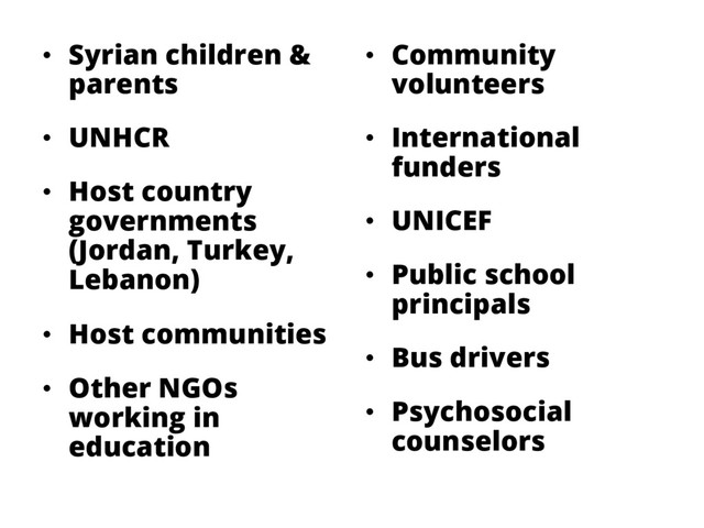 •  Syrian children &
parents
•  UNHCR
•  Host country
governments
(Jordan, Turkey,
Lebanon)
•  Host communities
•  Other NGOs
working in
education
•  Community
volunteers
•  International
funders
•  UNICEF
•  Public school
principals
•  Bus drivers
•  Psychosocial
counselors
