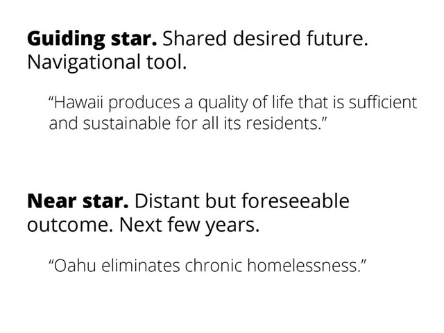Guiding star. Shared desired future.
Navigational tool.
“Hawaii produces a quality of life that is suﬃcient
and sustainable for all its residents.”
Near star. Distant but foreseeable
outcome. Next few years.
“Oahu eliminates chronic homelessness.”
