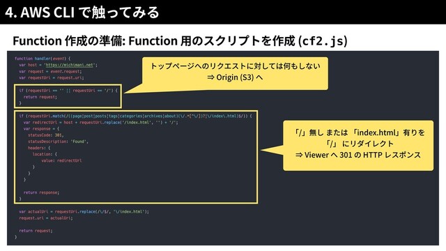 4. AWS CLI
Function : Function (cf2.js)
Origin (S3)
/ index.html
/
Viewer 301 HTTP
