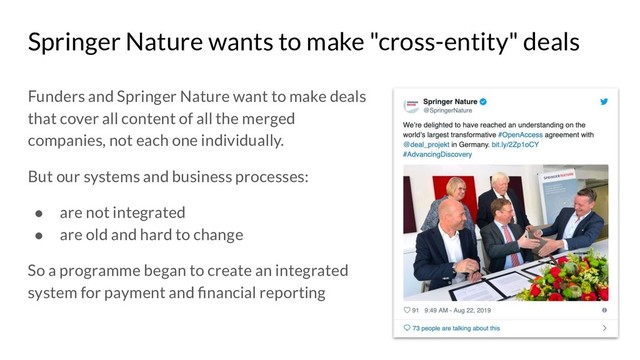 Springer Nature wants to make "cross-entity" deals
Funders and Springer Nature want to make deals
that cover all content of all the merged
companies, not each one individually.
But our systems and business processes:
● are not integrated
● are old and hard to change
So a programme began to create an integrated
system for payment and ﬁnancial reporting
