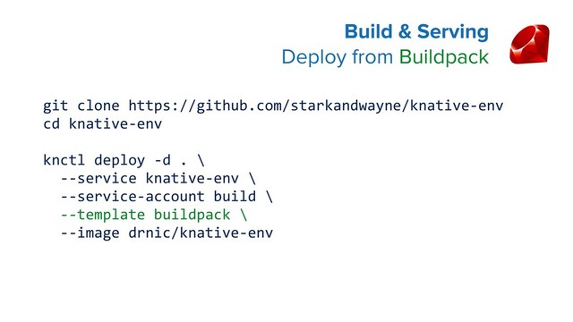 Build & Serving 
Deploy from Buildpack
git clone https://github.com/starkandwayne/knative-env
cd knative-env
knctl deploy -d . \
--service knative-env \
--service-account build \
--template buildpack \
--image drnic/knative-env
